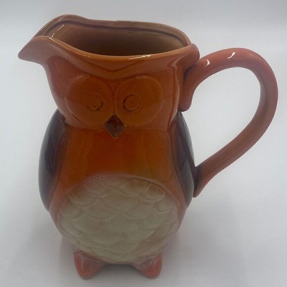 Tii Primitive Owl Harvest 8" Pitcher Pottery Orange Brown Glaze Food Safe - Picture 1 of 12